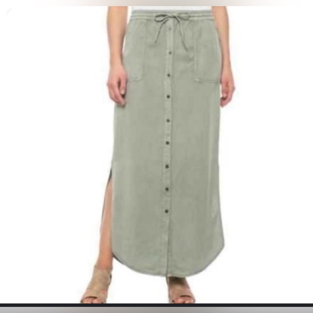 C&C CALIFORNIA Pale Green Button-Down Drawstring Lyocell Maxi Skirt Size ES